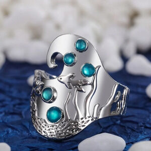 🍁925 Silver Plated Creative Vintage Fish Pattern Sea Blue GemstoneRingUNVN12479